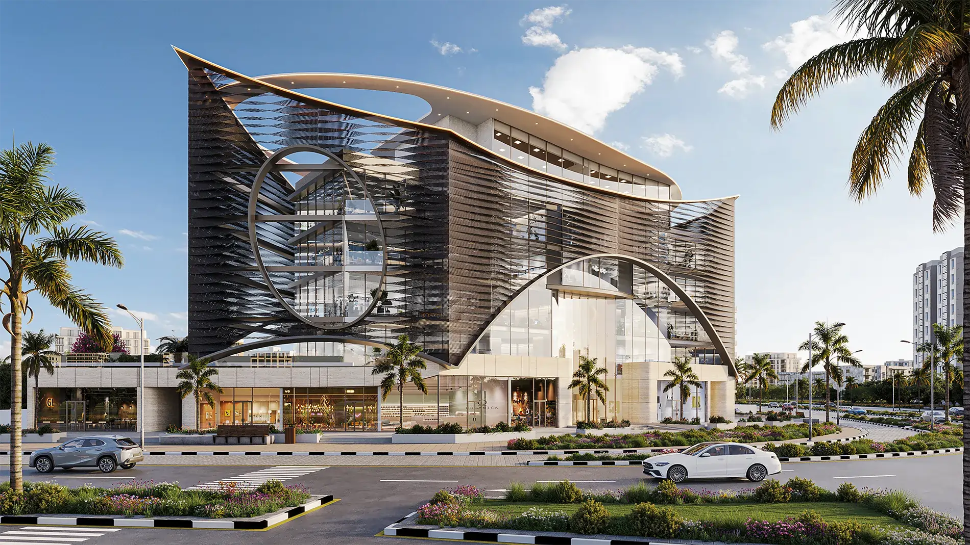 Futuristic glass and metal building with a circular ring feature, curved facade, palm trees, and a street scene in front.