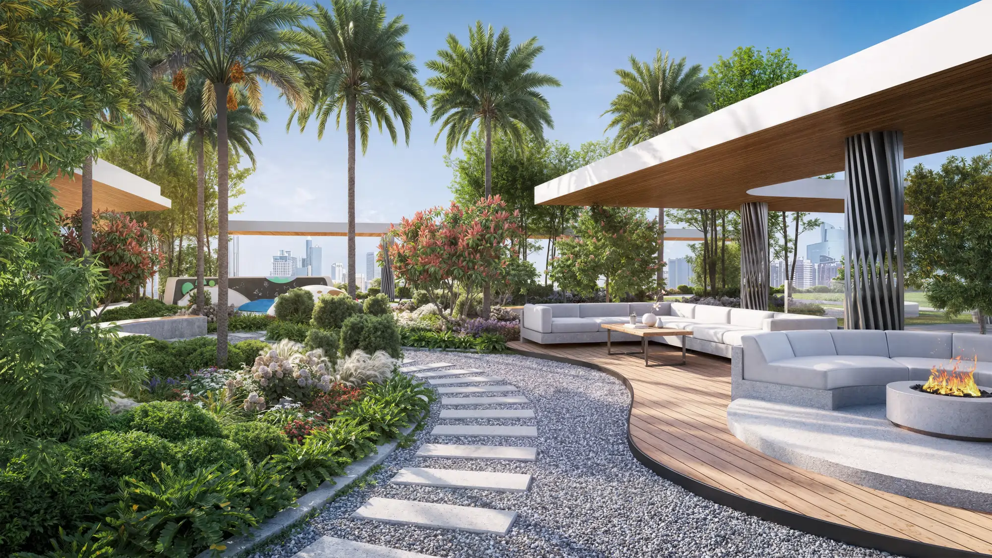 Luxurious outdoor lounge with curved wooden deck, white sectional sofas, and a fire pit among tropical plants and palm trees.
