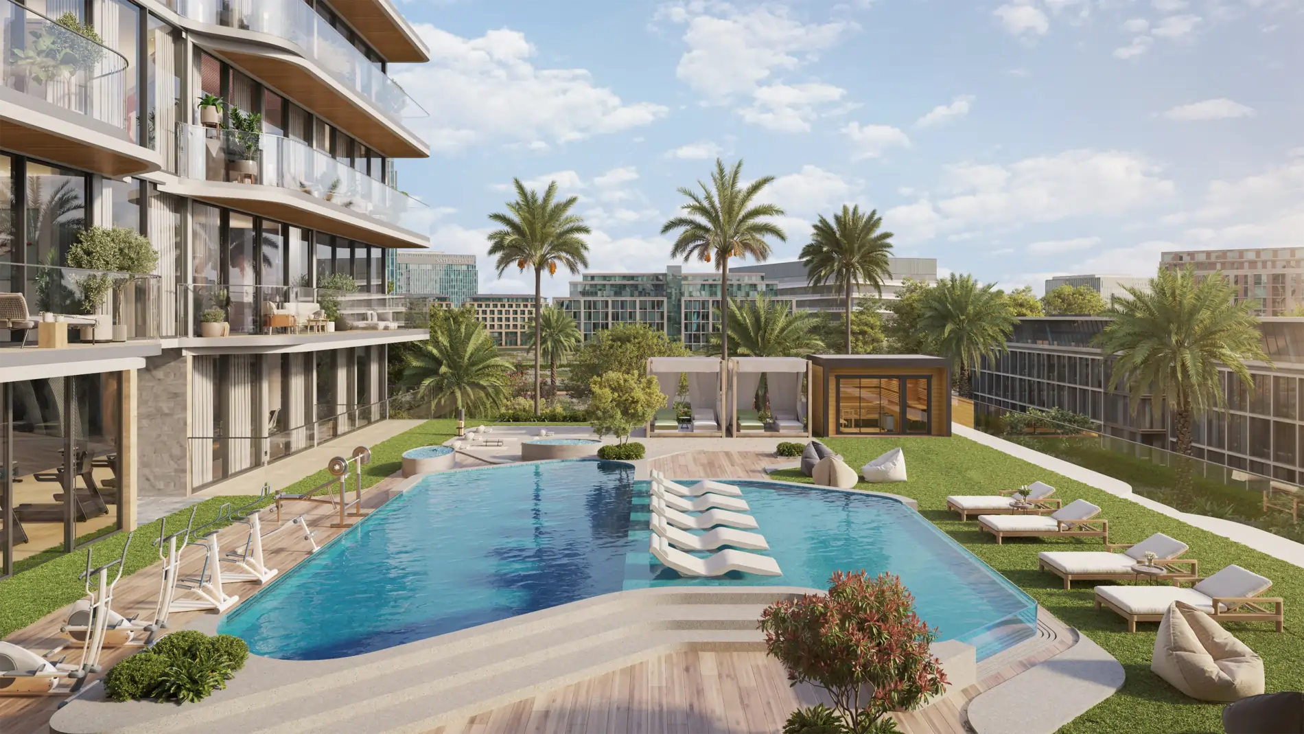 Luxurious resort pool area with white loungers, cabanas, and glass-fronted apartments on the left under a blue sky with palm trees nearby.