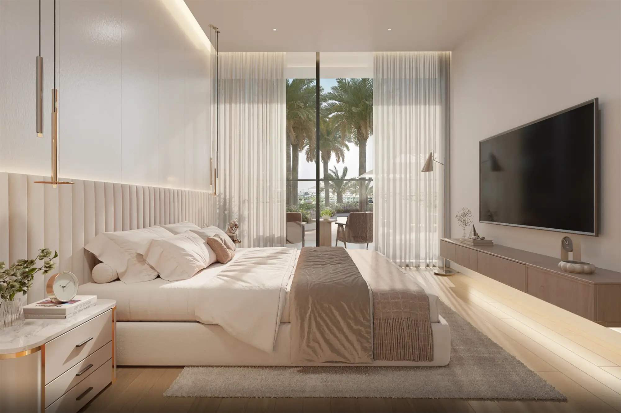 Luxurious modern bedroom with a low white bed, tufted headboard, and a large window with sheer curtains overlooking palm trees