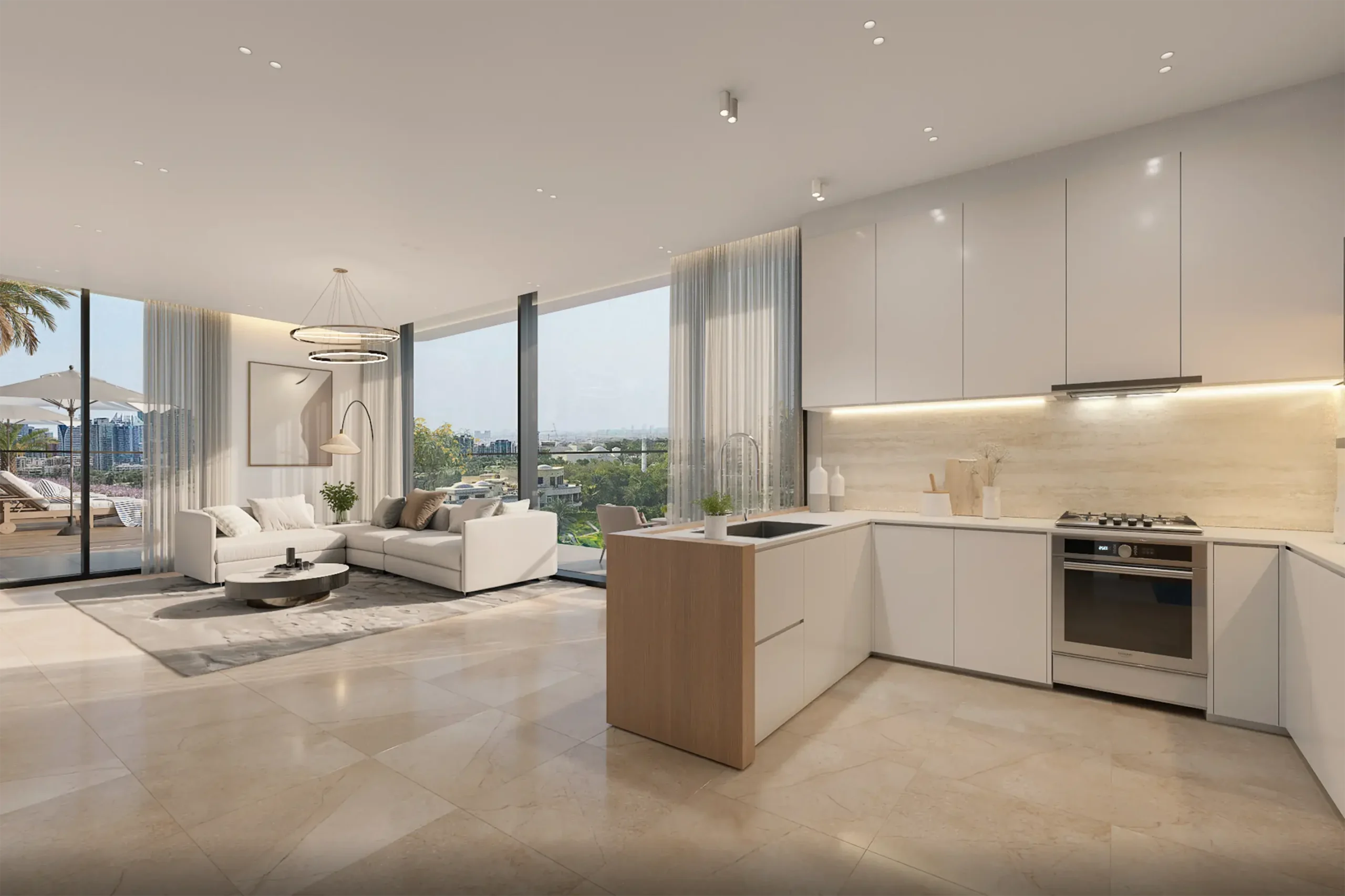 Open-concept living room and kitchen in a modern apartment with large windows and a city view outside the glass doors.