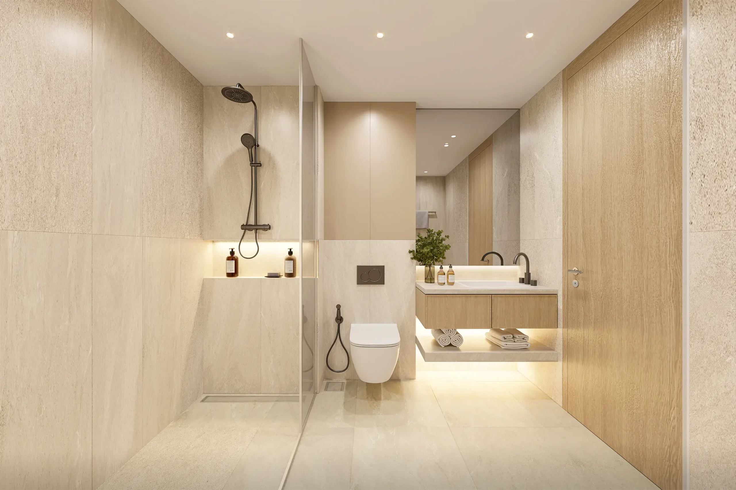 Modern beige-tiled bathroom with a glass shower enclosure, wall-mounted toilet, and a wooden vanity with open shelves and folded towels.