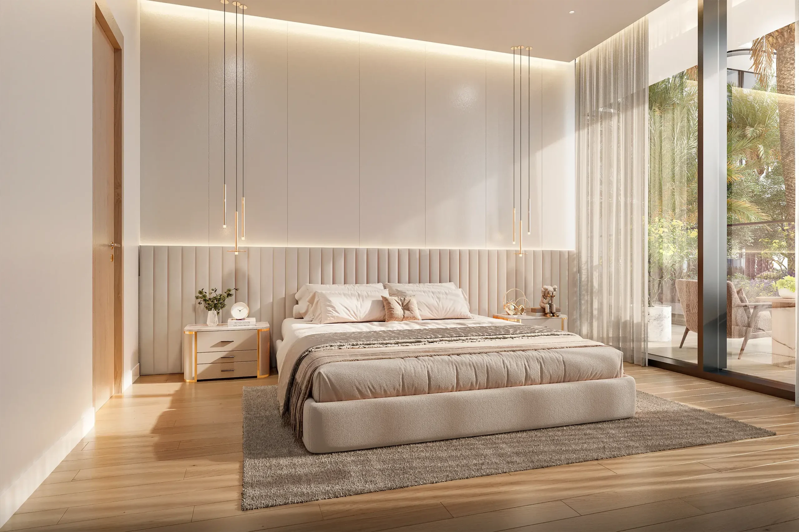 Luxurious neutral-toned bedroom with a low, padded headboard, queen bed, and two matching nightstands under soft pendant lighting. Large glass wall reveals outdoor greenery.
