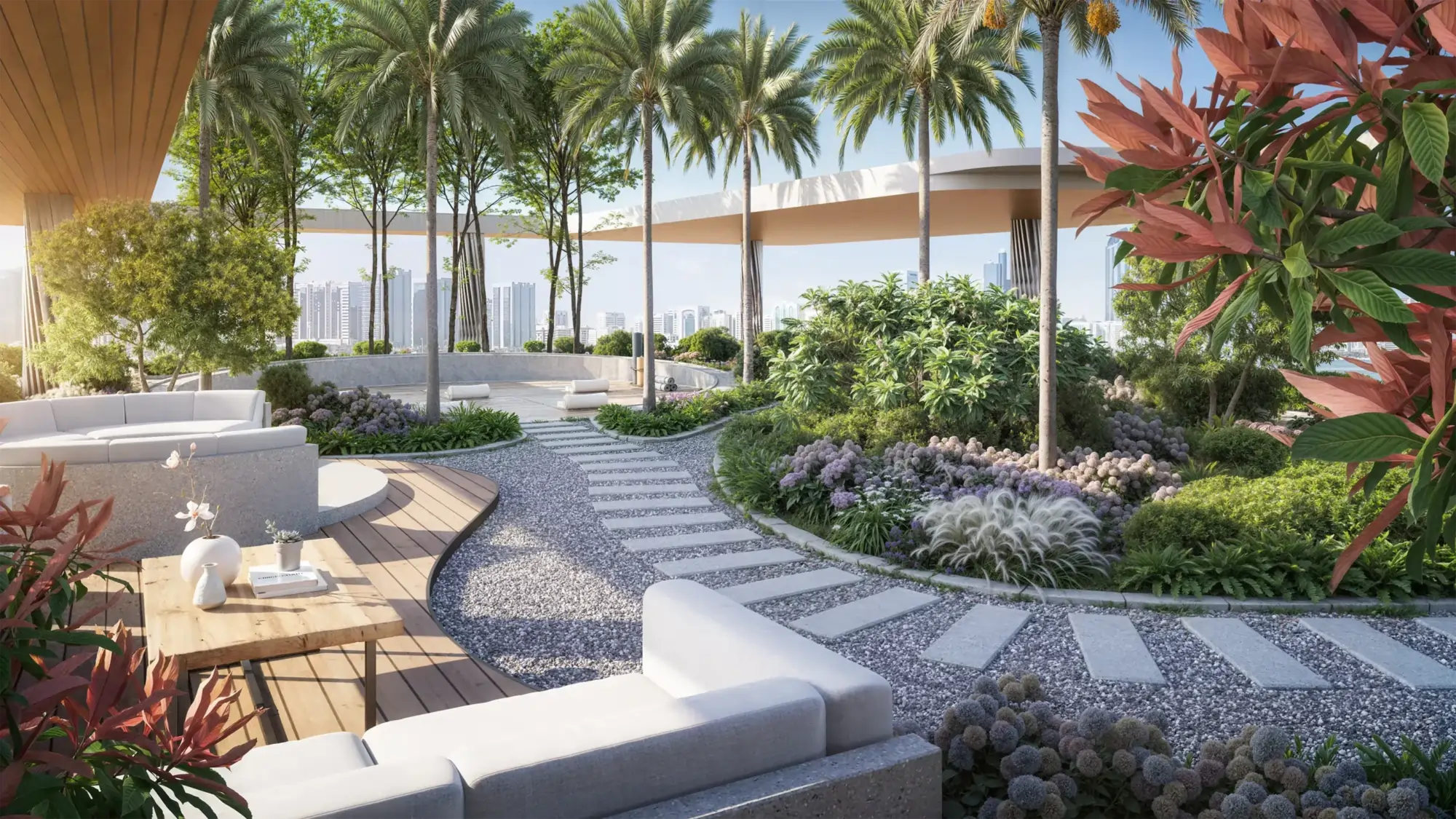 Rooftop garden terrace with palm trees, curved stone path, and white seating overlooking a city skyline.
