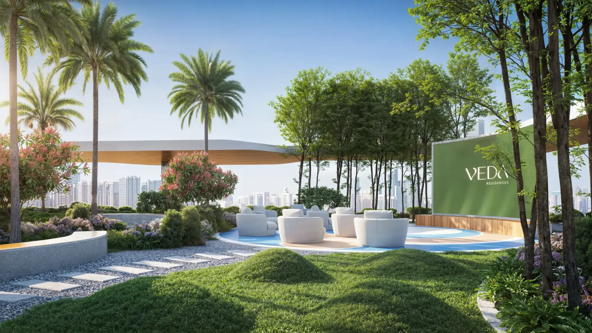 Rooftop garden with palm trees, white lounge chairs around a circular pool, and a green 'VEDA RESIDENCES' sign overlooking a city skyline.