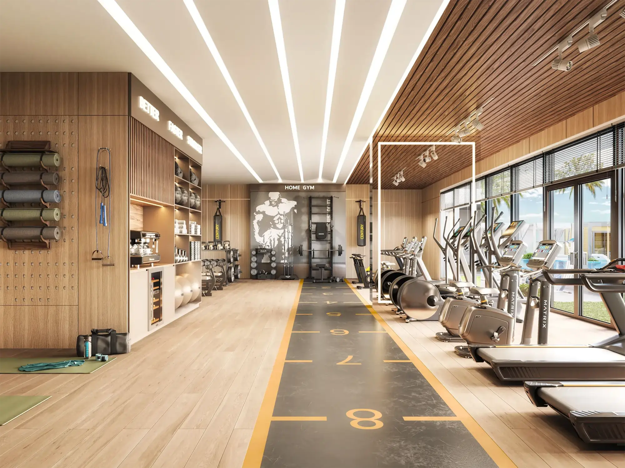 Modern gym interior with treadmills on the right, shelves and equipment on the left, and large windows along the far wall.