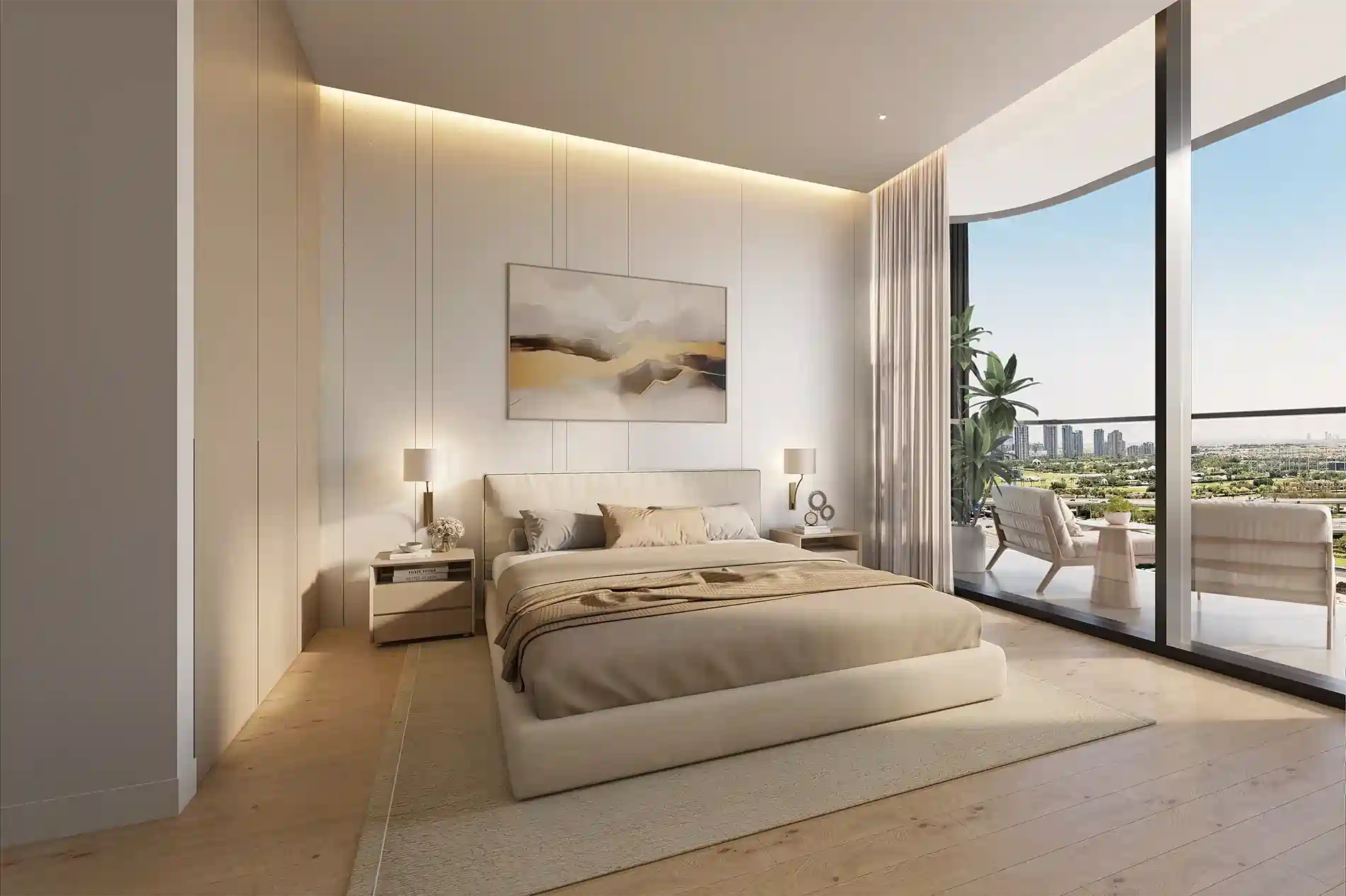 Luxurious beige bedroom with large windows and balcony, overlooking city skyline in warm lighting.