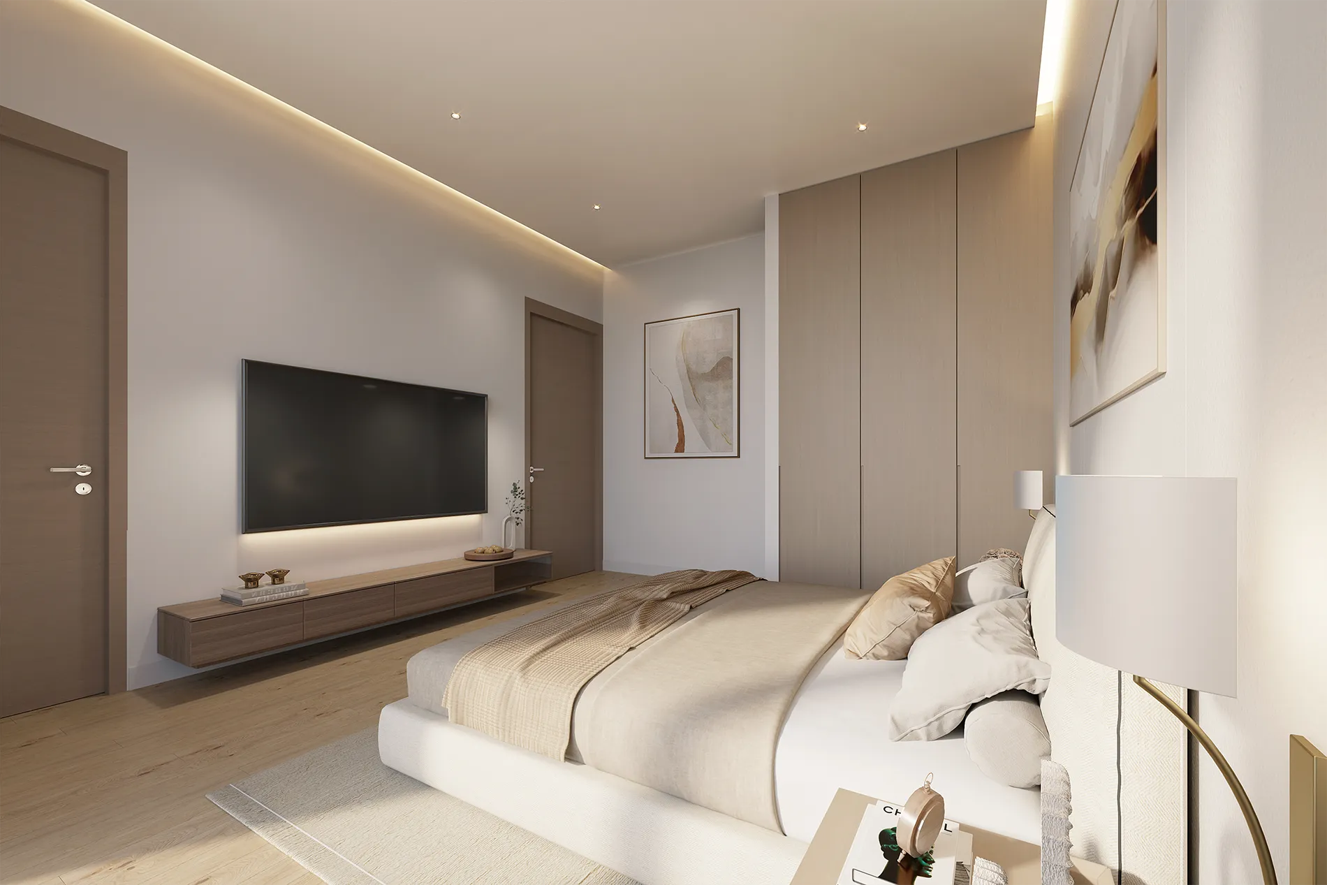 Modern bedroom with a low platform bed, beige bedding, wall-mounted TV, and a long wooden media console.