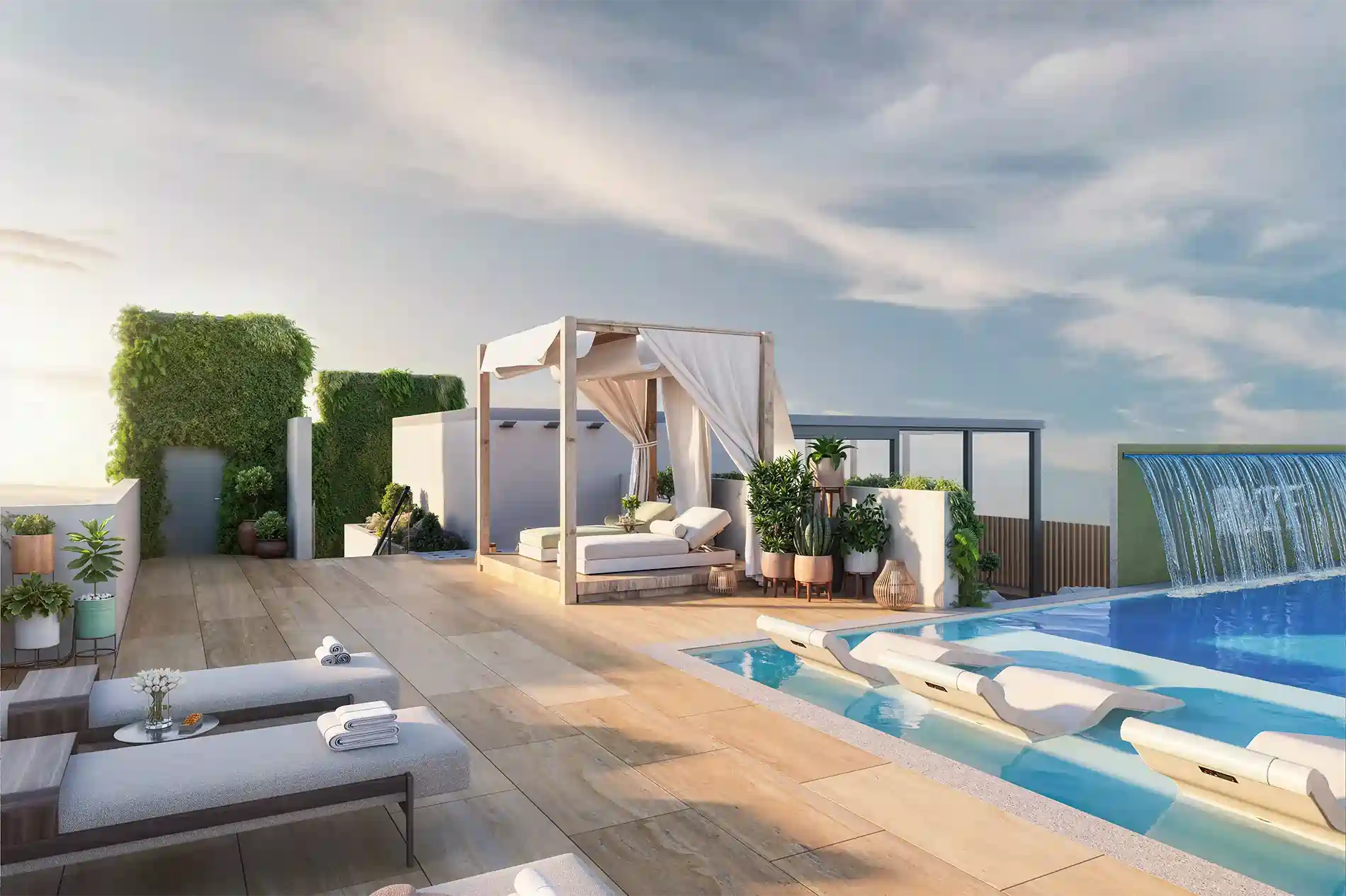 Rooftop pool deck with white lounge chairs, a fabric canopy cabana, and potted plants under a blue sky.