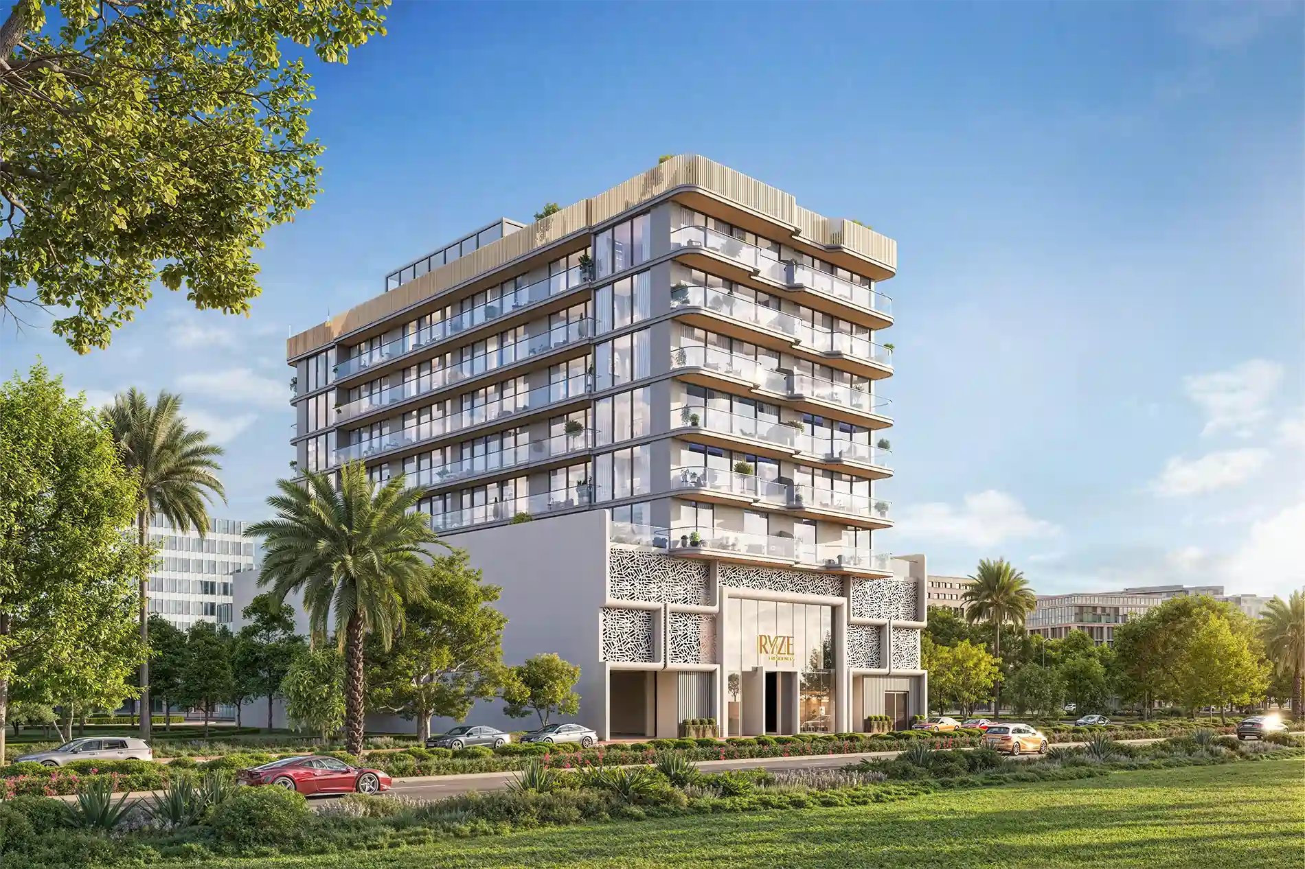Modern multi-story residential building with glass balconies and lush landscaping framing the scene.