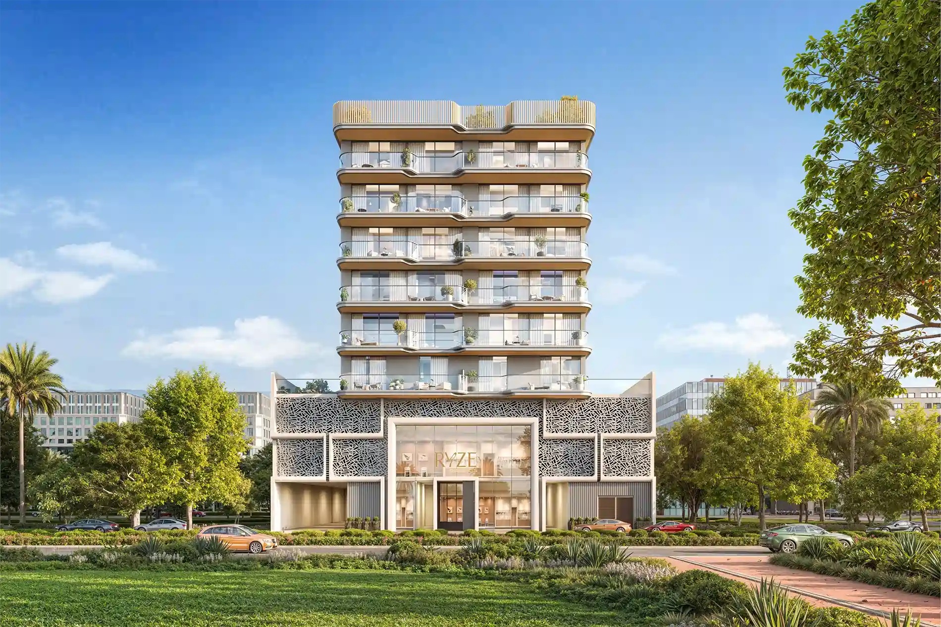 Modern multi-story apartment building with rounded balconies and glass railings, set in a landscaped urban plaza beneath a blue sky.