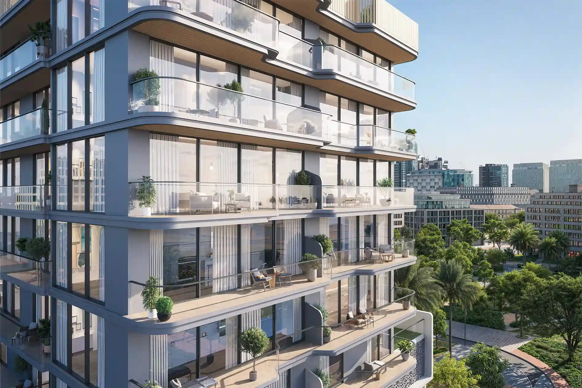 Exterior view of a modern glass-walled residential high-rise with curved balconies and numerous potted plants, overlooking a city skyline.