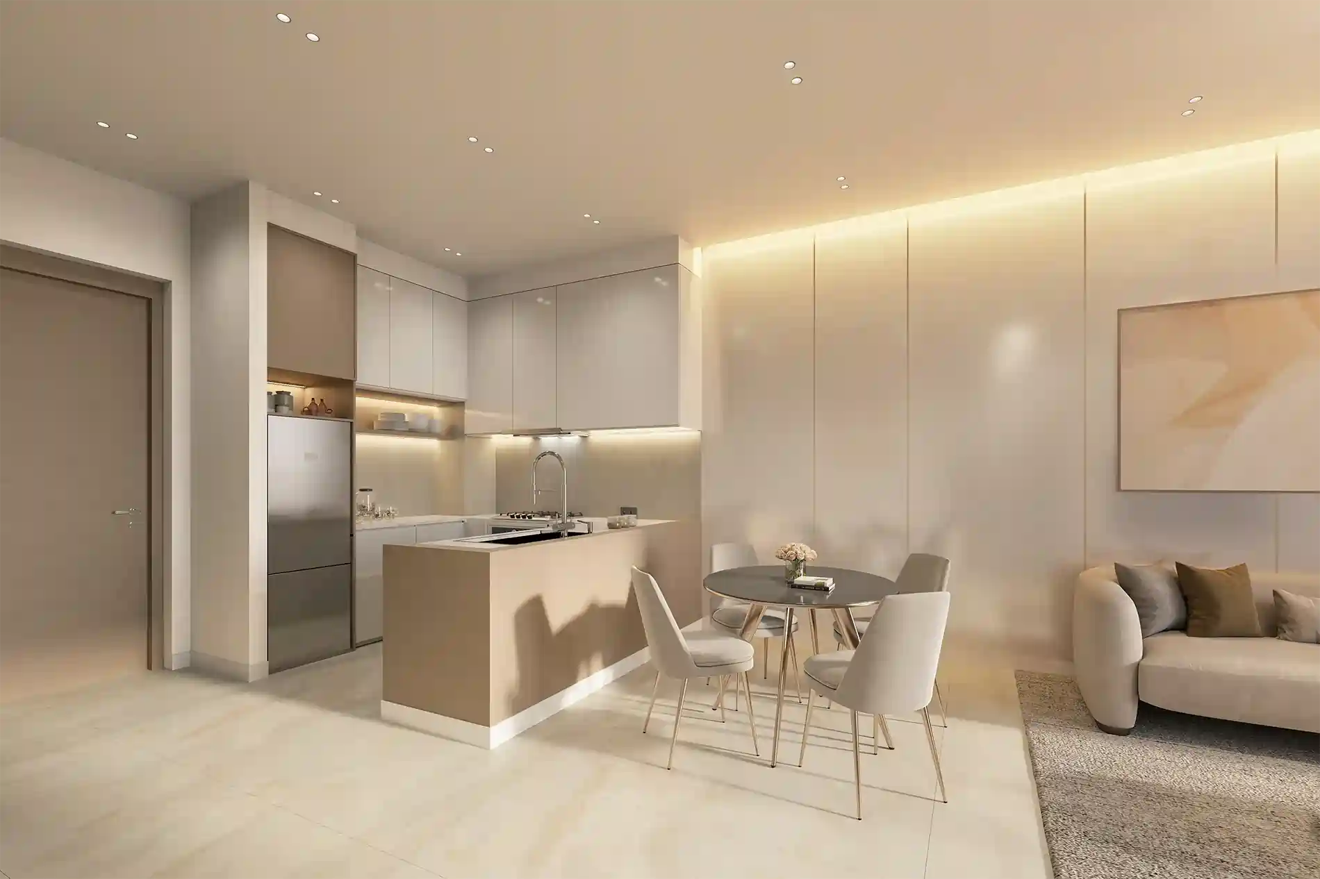Open-plan kitchen and dining area with white cabinets, beige island, and a round dining table set for four; living area with neutral sofa.