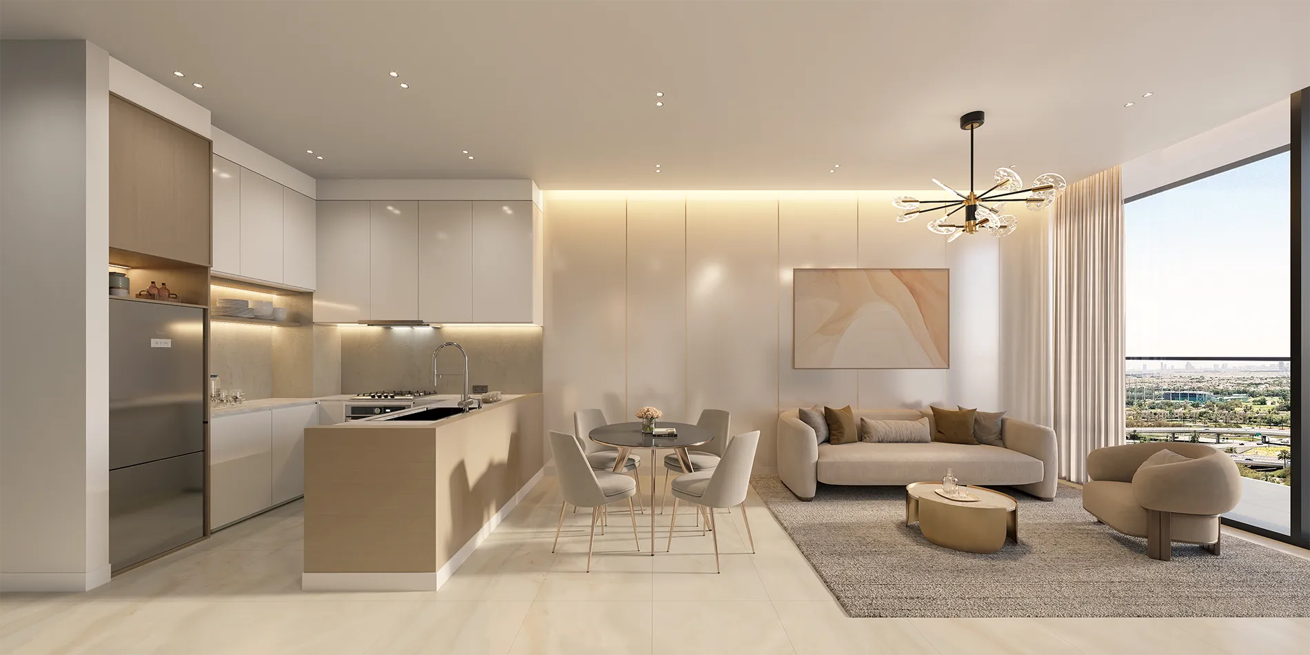 Open-plan living area with a beige-toned kitchen, round dining table, and a plush sofa under warm lighting by large windows overlooking the city.