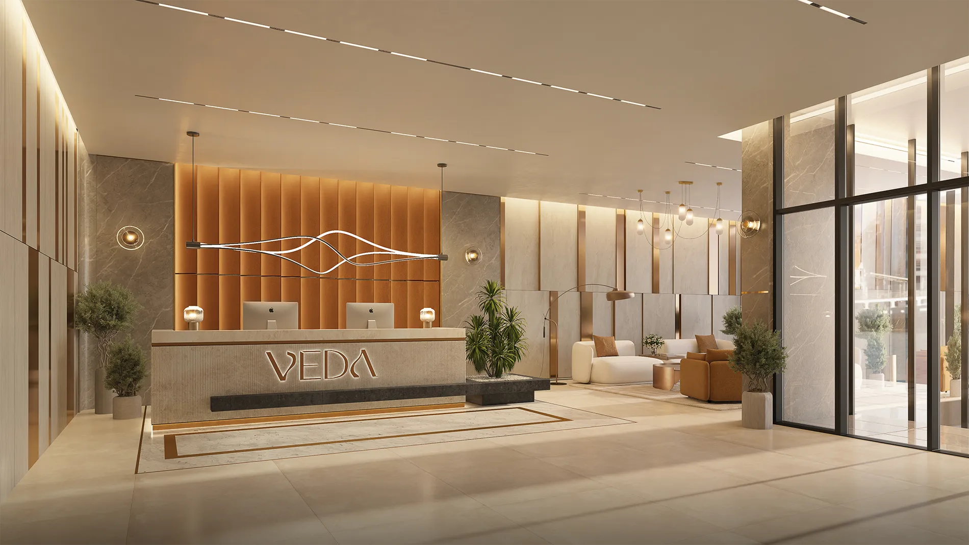 Luxurious hotel lobby with a bright reception desk labeled 'VEDA', modern white light sculpture overhead, and warm amber paneling behind the desk.