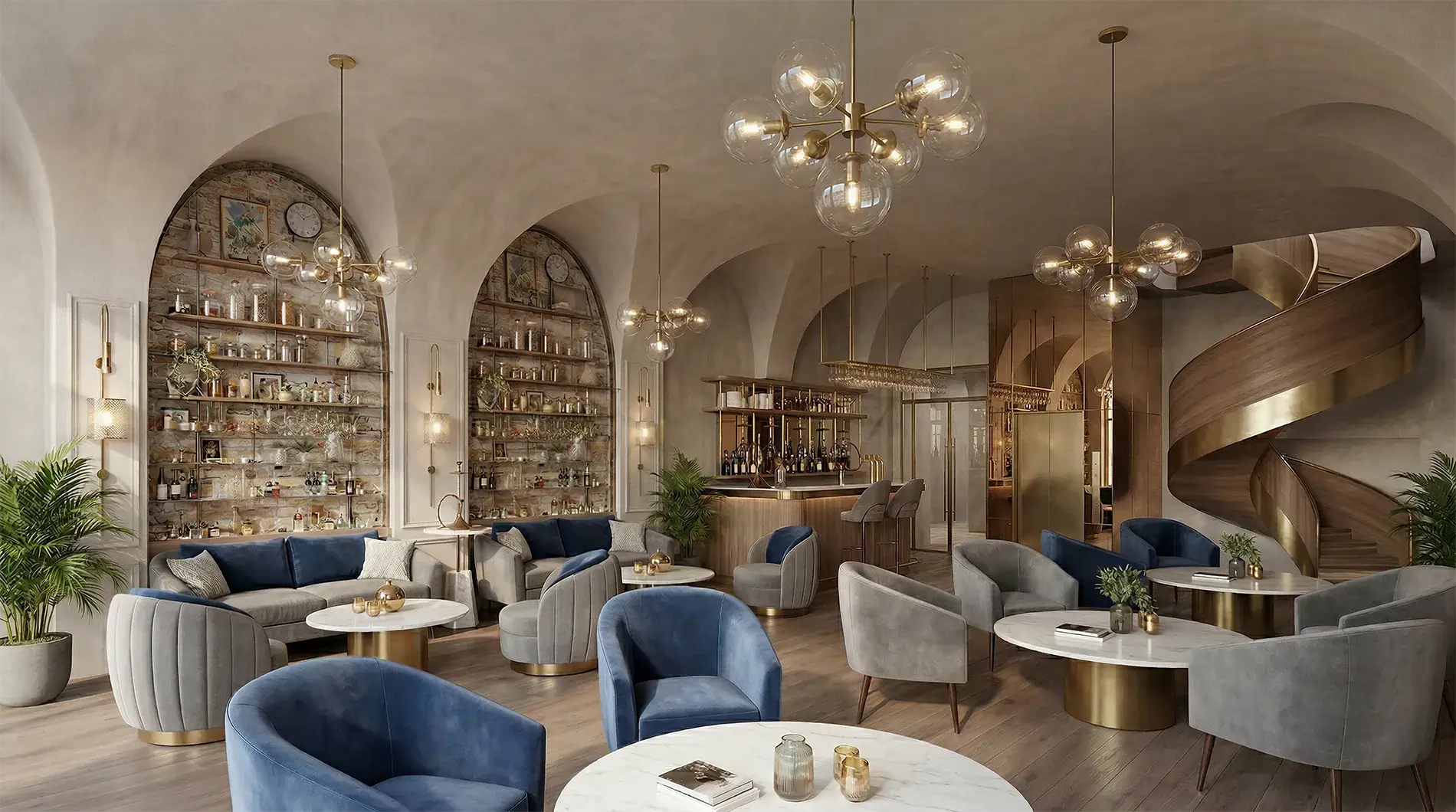 Luxurious lounge-bar interior with marble tables, blue-gray velvet seating, gold accents, and a curved brass staircase.