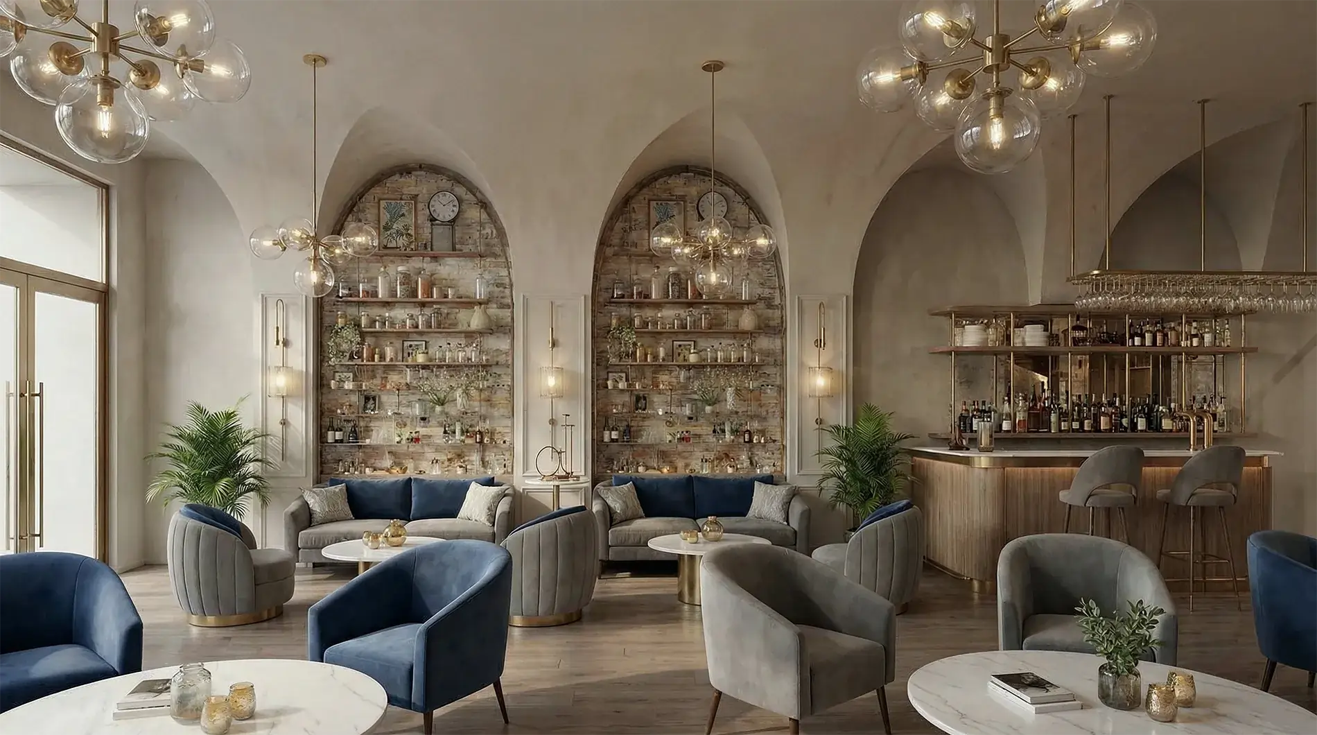 Luxurious bar lounge with arched brick shelves, glassware, and brass chandeliers, plus blue-gray seating around marble tables.