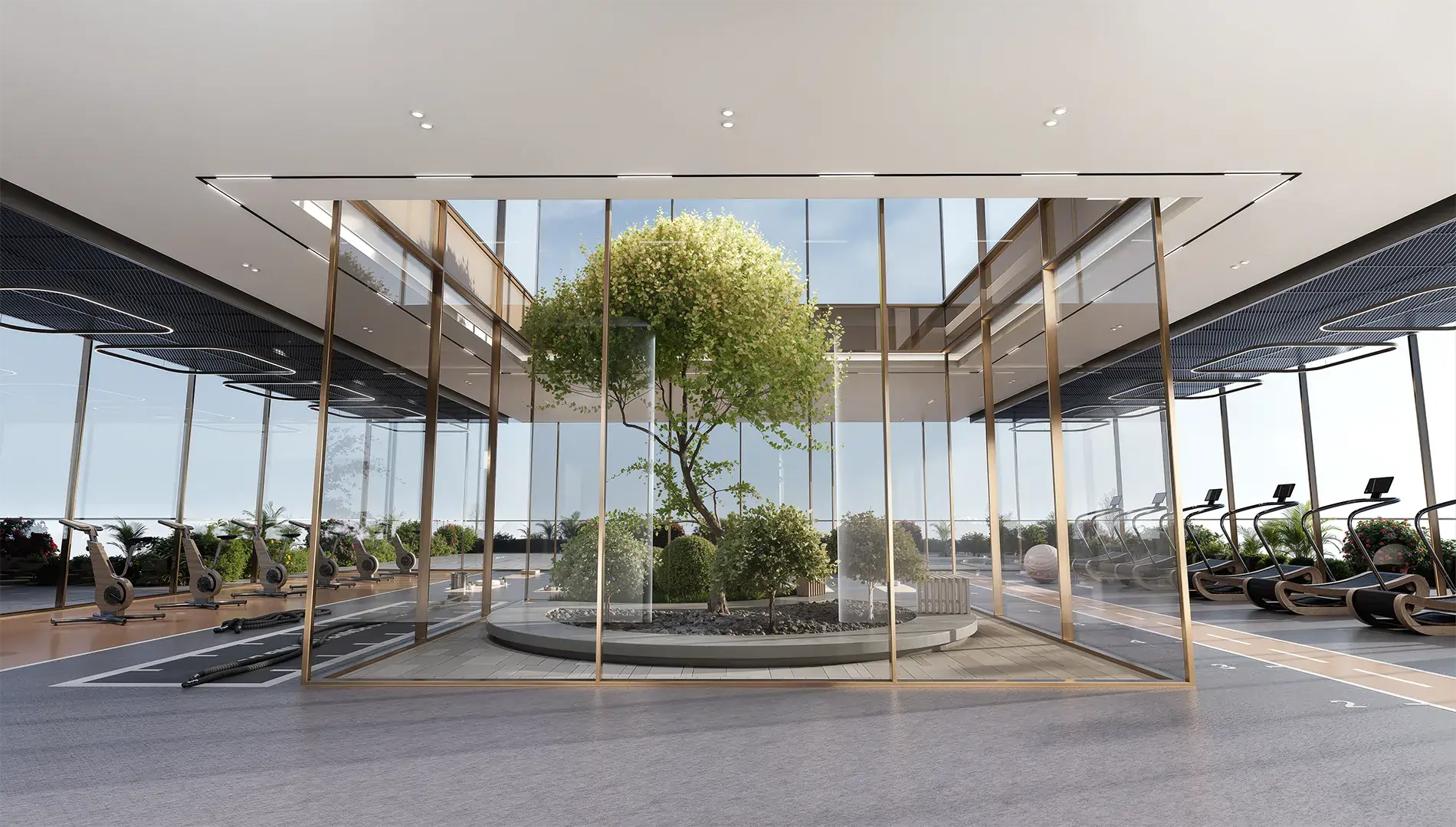 Indoor gym with glass walls surrounding a central tree in a circular planter and cardio machines around the perimeter