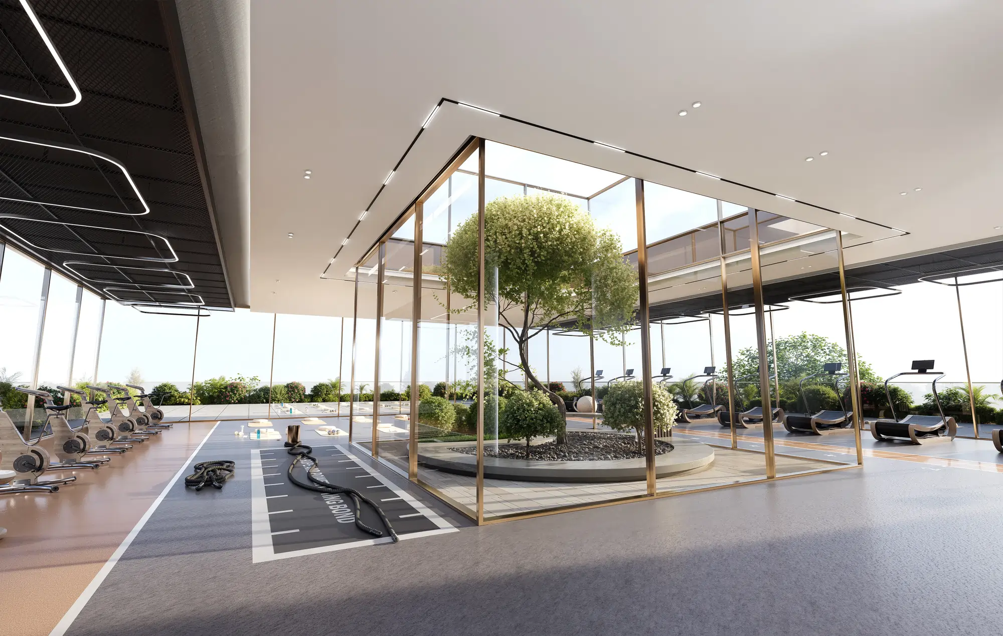 Bright, modern gym interior with a row of treadmills along a glass wall and lush indoor trees.