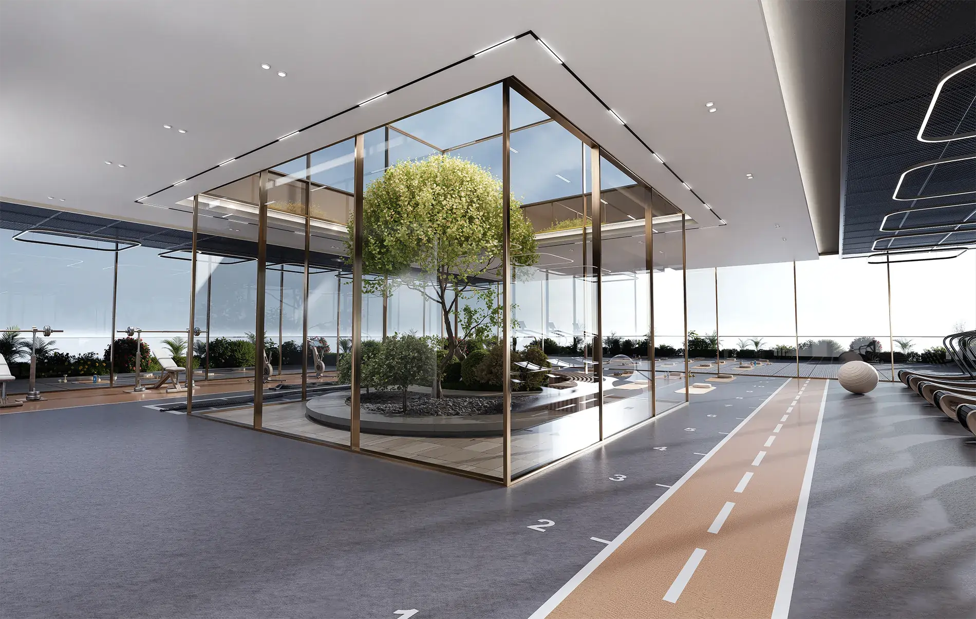 Indoor modern gym with a glass-walled atrium surrounding a central planted tree and a running track marked with lane numbers 1–3 along the floor edges.