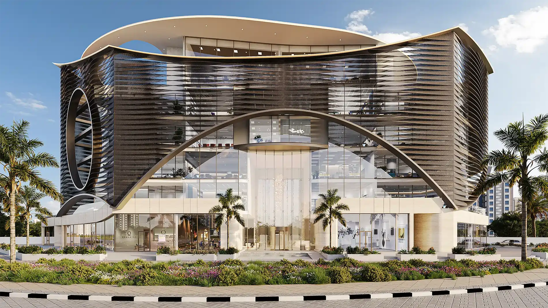 Futuristic glass-and-metal building with curved roof and layered louvers, set along a palm-lined street.