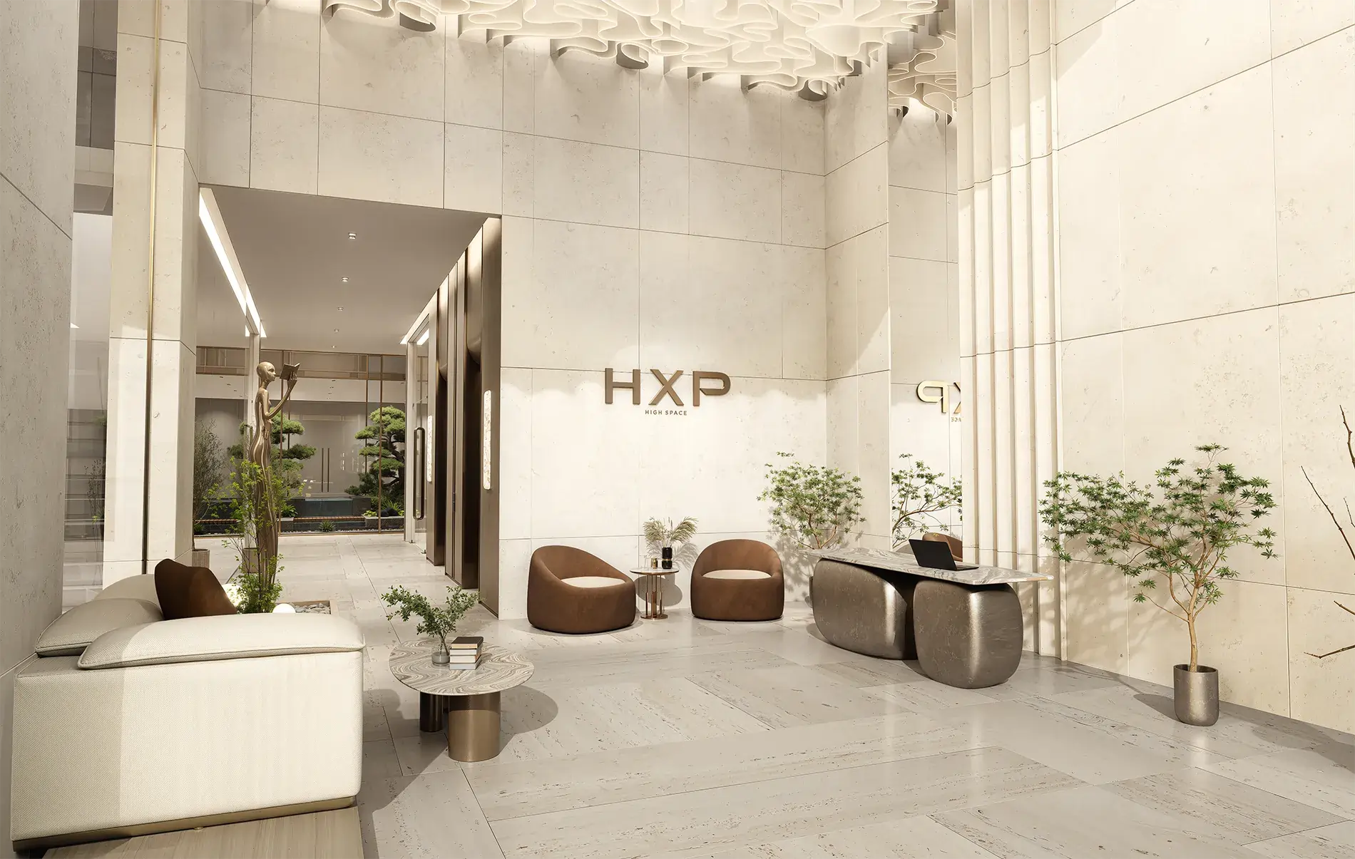 Modern marble lobby with a 'HXP High Space' sign, brown curved chairs, and potted plants.