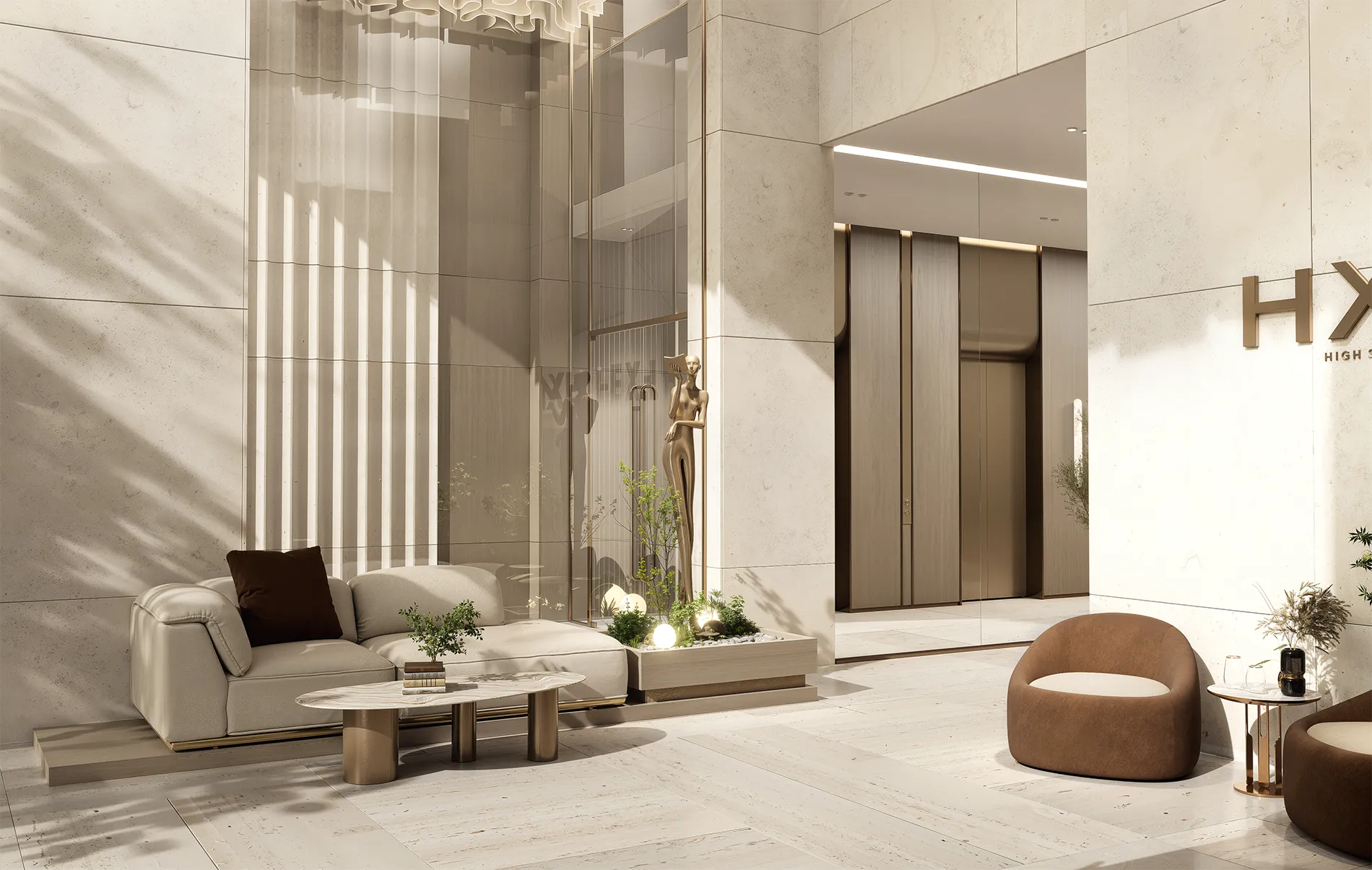 Modern hotel lobby with beige stone walls, glass partition, and a cream sofa with brown pillows; bronze sculpture near the doorway.