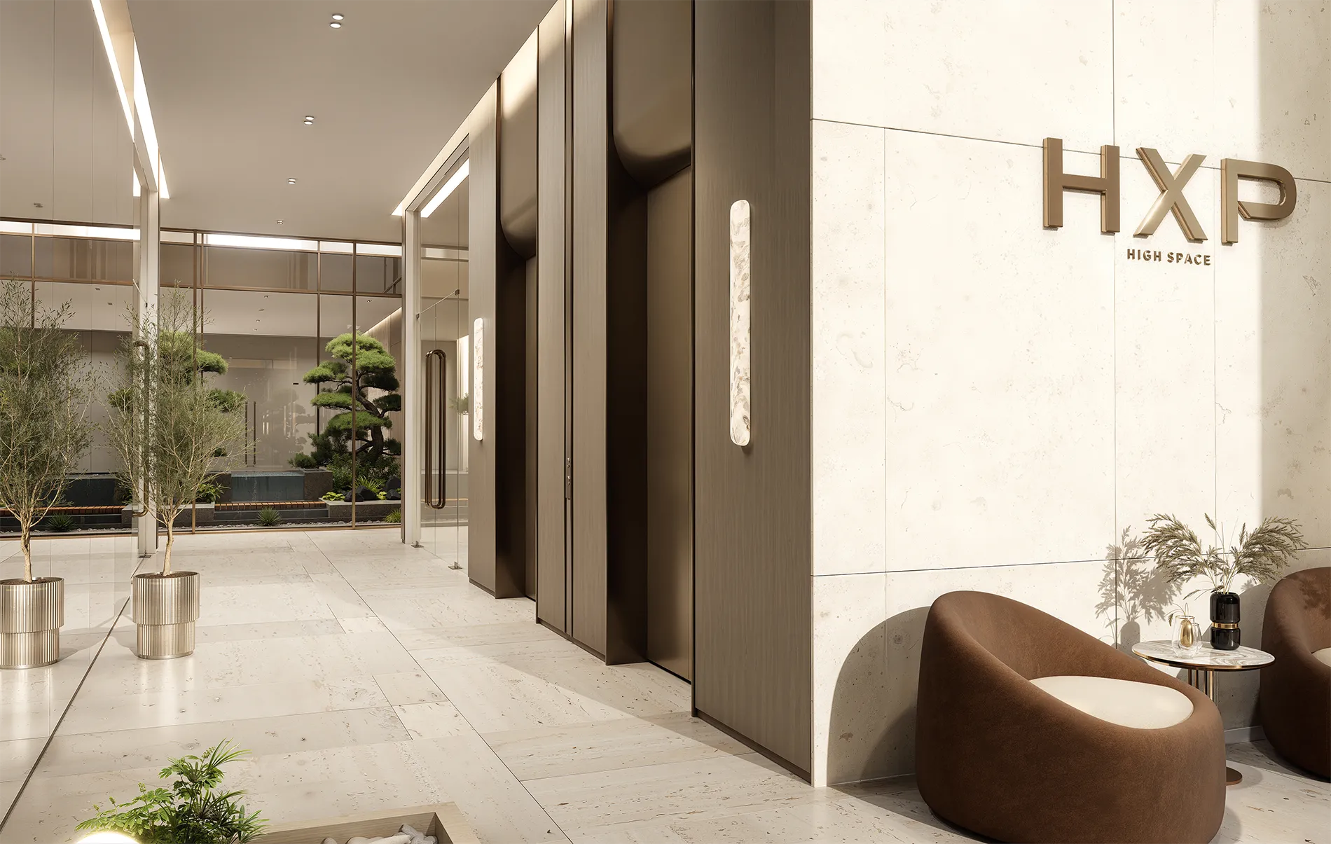 Modern hotel lobby with glass doors, neutral tones, and a white marble floor; seating area with brown curved chairs and small tables.