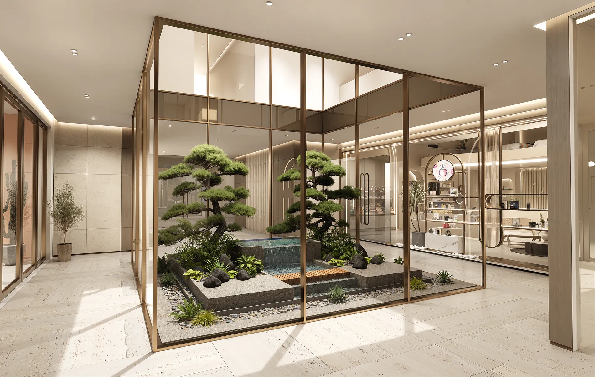 Indoor shopping mall atrium with glass walls, a landscaped bonsai garden, and a small water feature visible through the glass enclosure.